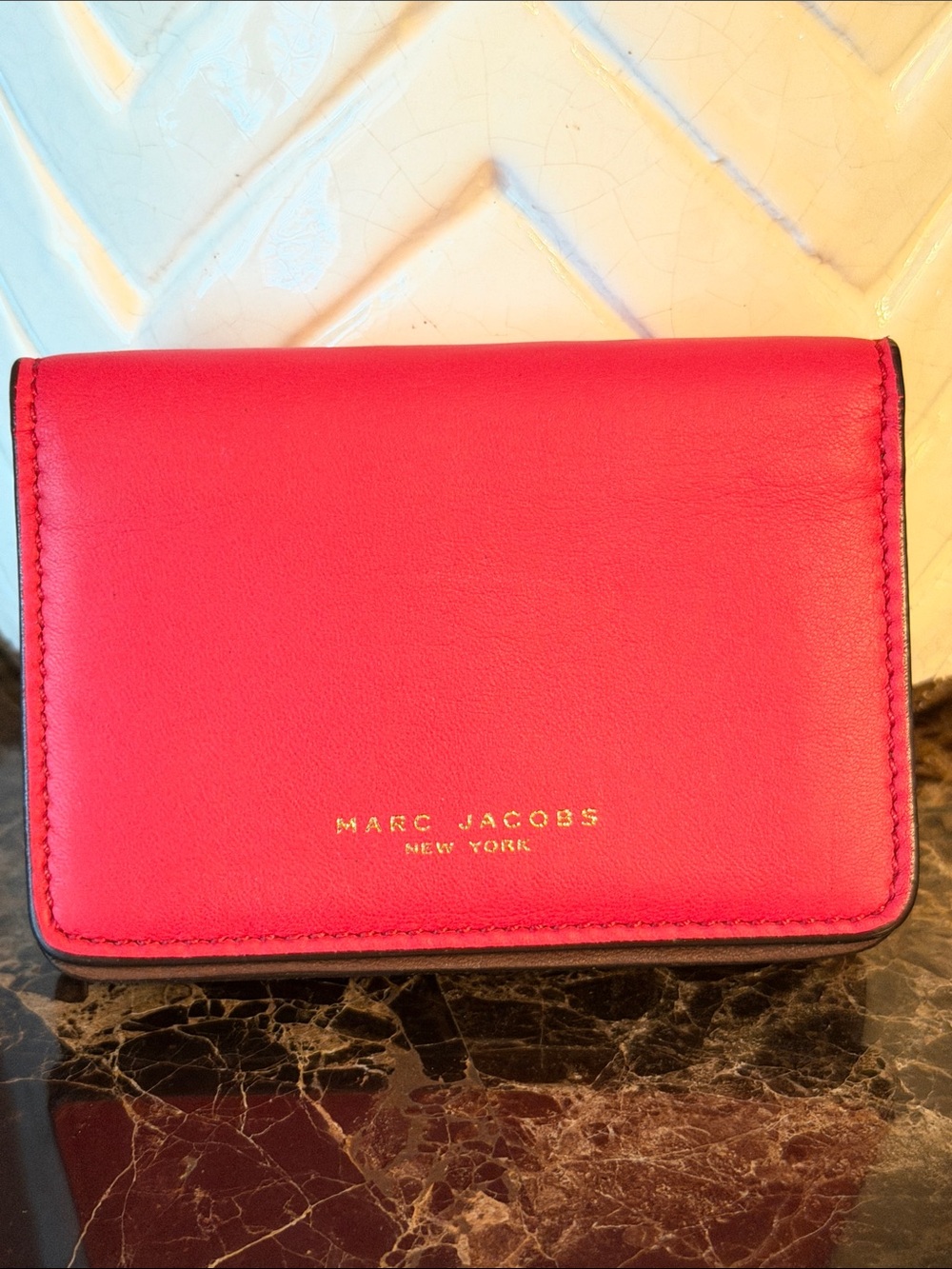 Marc Jacobs Hot Pink Leather Card Holder with Gold Logo